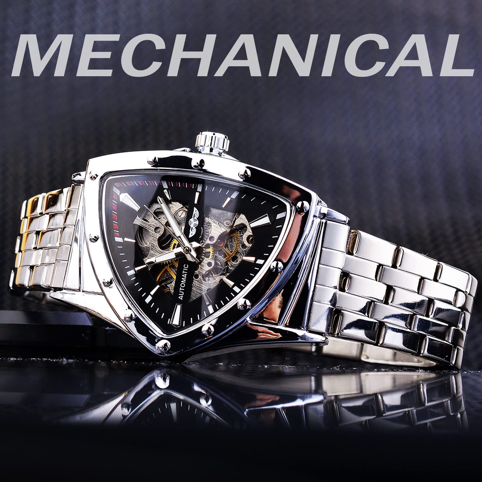 FORSINING Triangle Skelett Herren Automatische Mechanische Uhr Luxus Gold Schwarz Edelstahl Uhren Wasserdicht Leuchtende Sport Armbanduhr, Silber / Schwarz, Modern