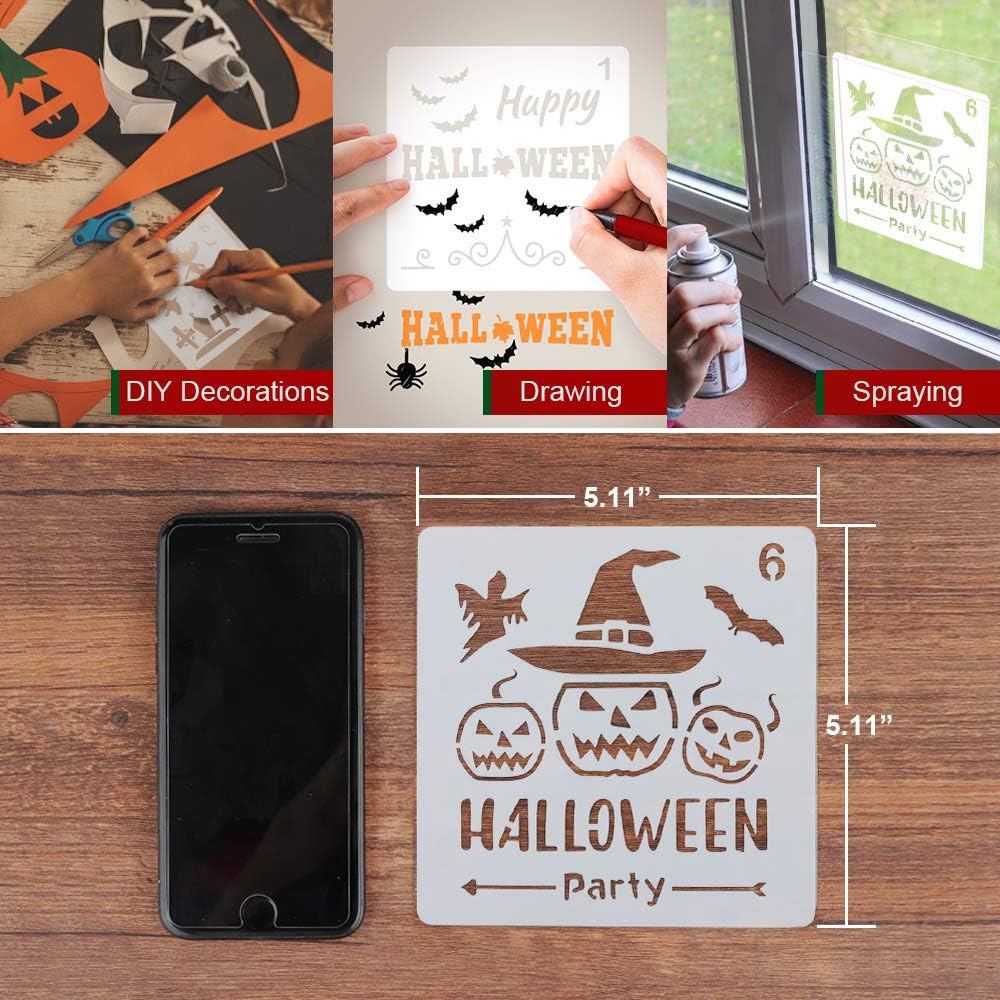 Coogam 8 Pcs Halloween Stencils Template DIY Decorative Pumpkins Design Mould Set - Reusable Plastic Craft for Art Drawing Painting Spraying Window Mirror Glass Door Car Body Wood Journaling Scrapbook: Toys & Games