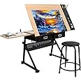 ZENY Drafting Table Art Desk Drawing Table Height Adjustable Artist Table Tilted Tabletop w/Drafting Stool and Storage Drawer for Reading, Writing, Crafting, Painting Art