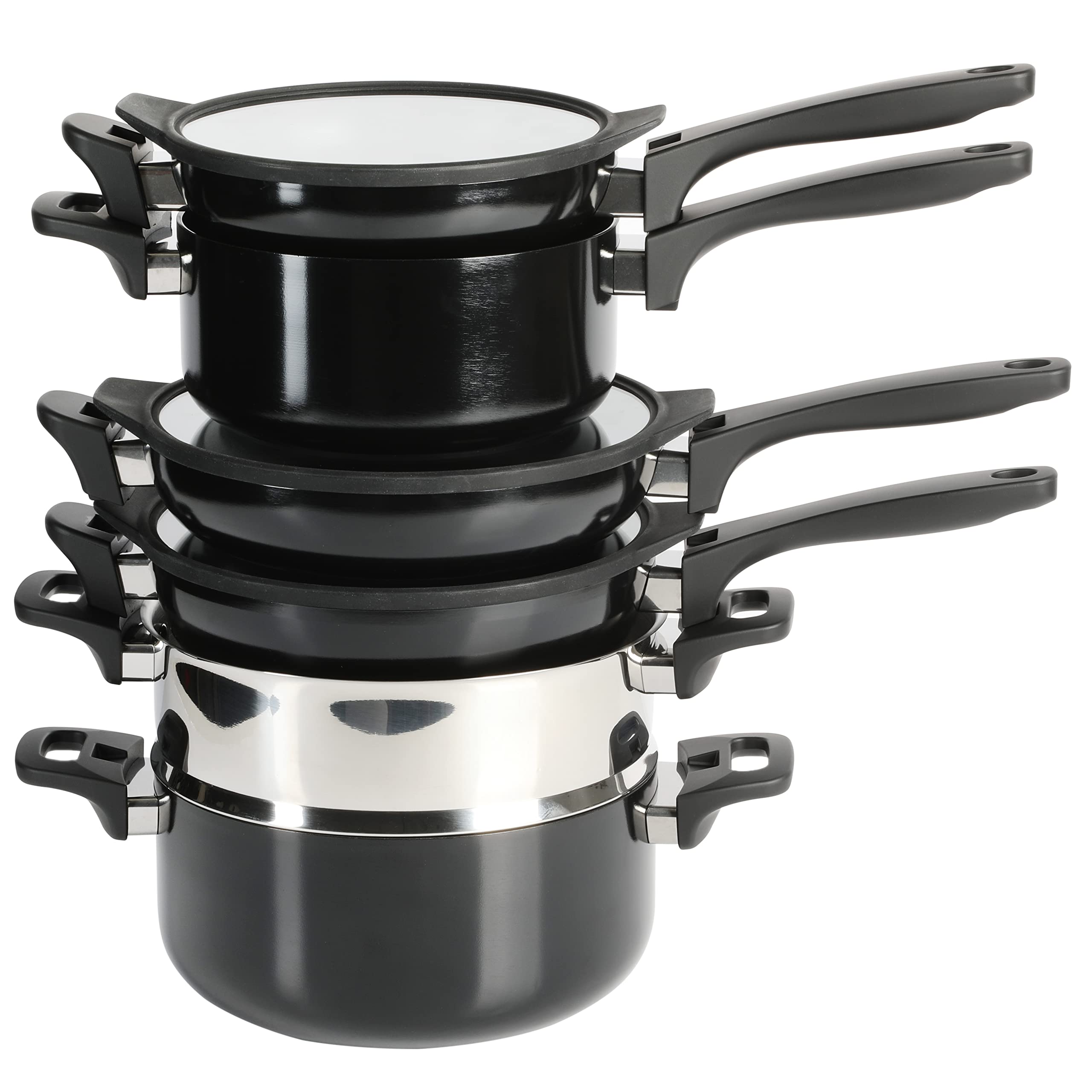 Kenmore Elite Grayson Stackable Platinum Nonstick Forged Aluminum Induction Cookware Set, 9-Piece, Black Image