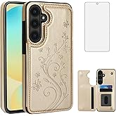 Asuwish Phone Case for Samsung Galaxy S24 FE 5G with Tempered Glass Screen Protector and Card Holder Wallet Cover Stand Flip Leather Cell Accessories S 24 EF S24FE 24S Cases Women Girls Golden