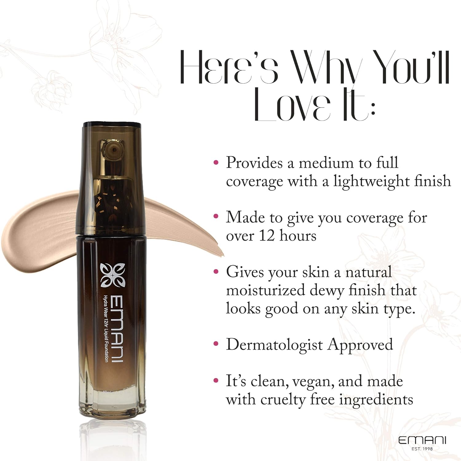 Emani 12 Hr Hydrawear Liquid Foundation (1012 Light Medium, Golden Amber), vegan, natural - Image 3
