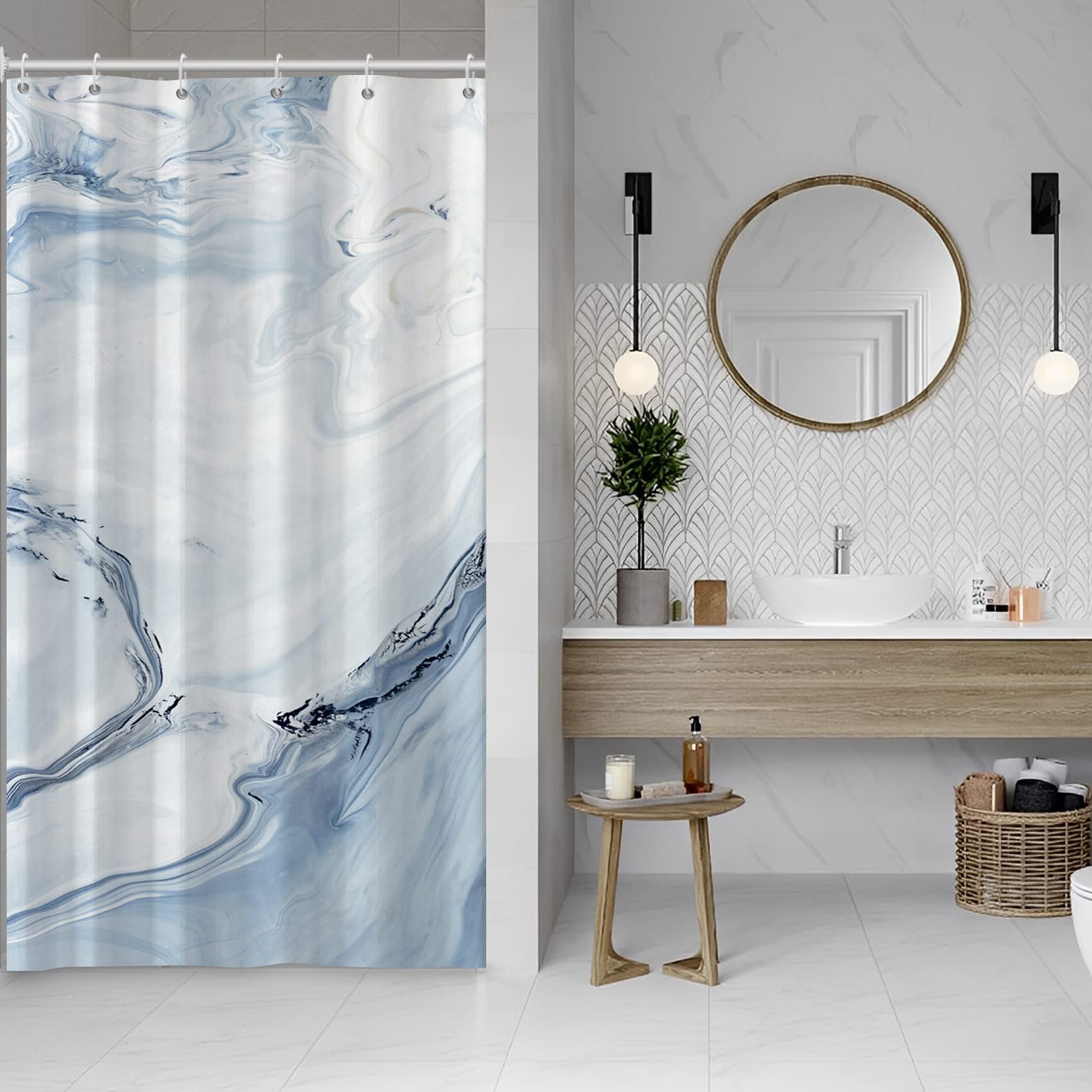 MIRRORANG Small Stall Shower Curtain with 6 Hooks,Fabric Light Blue Marble Shower Curtain for Bathroom,36 x 72 Inch,100% Polyester — image 1