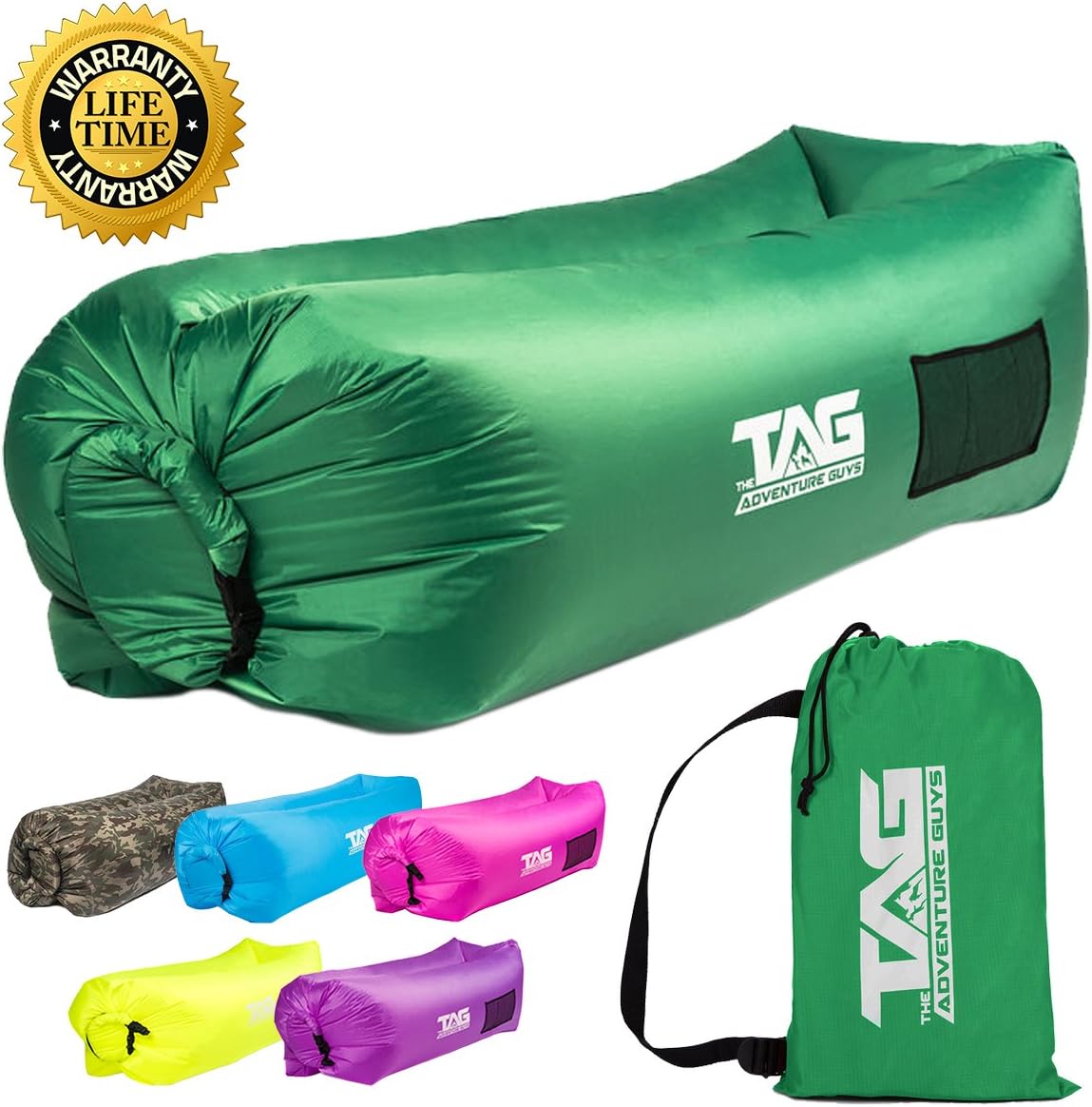 Inflatable Lounger Air Sofa - Seconds to Inflate & Puncture Resistant w/ Metal Securing Stake + 3 Pockets - Air Lounger Inflatable Couch Perfect for Outdoors, Camping, Beach, Park or Pool