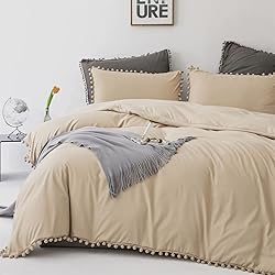 Luxlovery Beige Pom Pom Comforter Set King Ball Pom