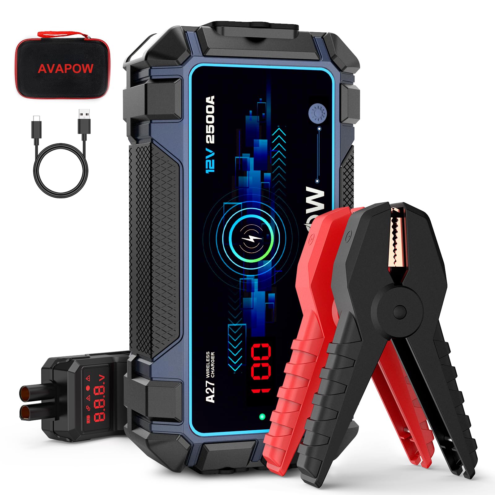 AVAPOW Jump Starter Car Battery 2500A Peak,Portable Jump Starters for Up to 8L Gas 8L Diesel Engine with Booster Function,Wireless Charging Design,12V Lithium Jump Pack with Smart Safety Clamp, IP65 Image
