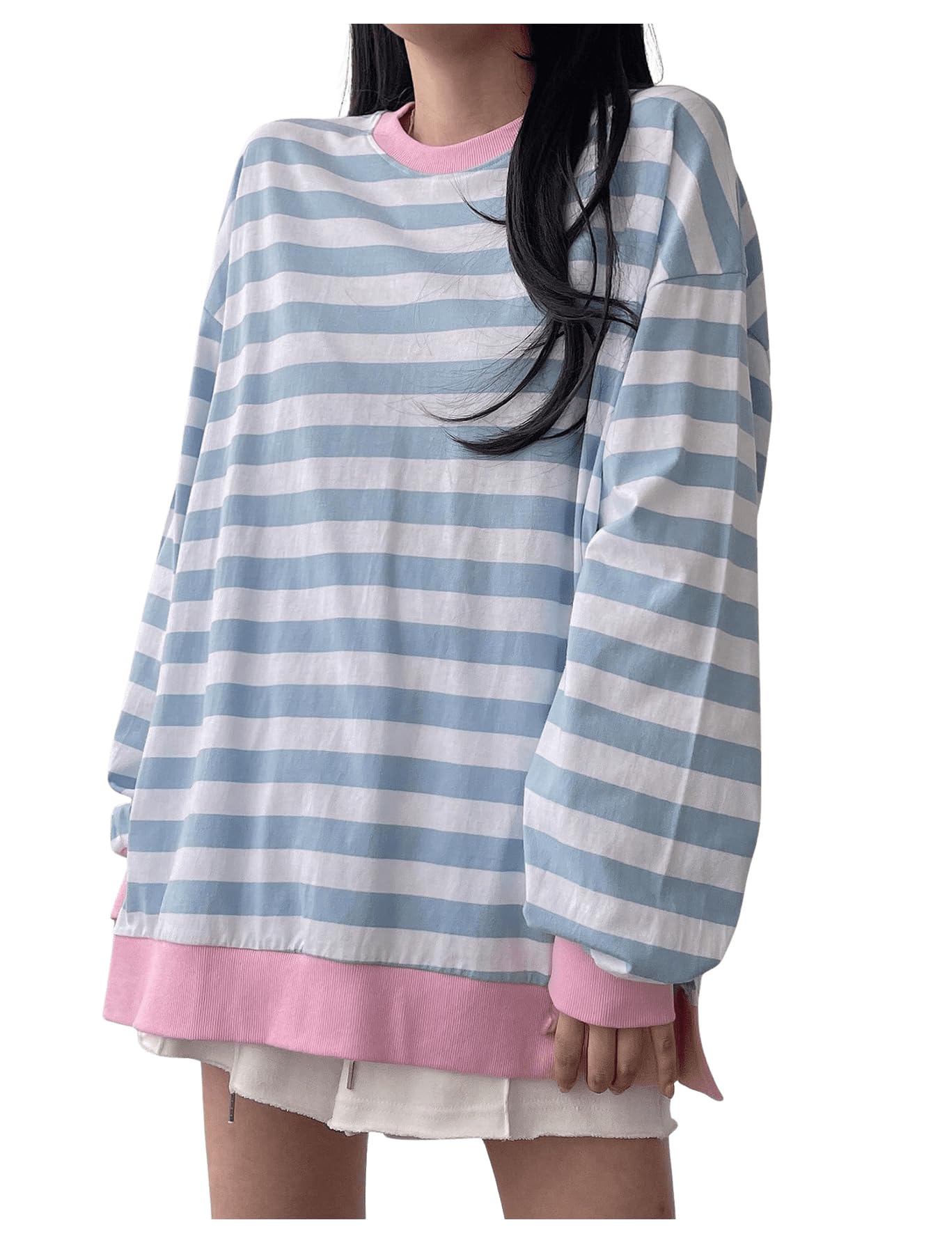 Photo 1 of SHENHE Women's Oversized Striped Crew Neck T Shirts Color Block Drop Shoulder Loose Casual Tees Blue Medium