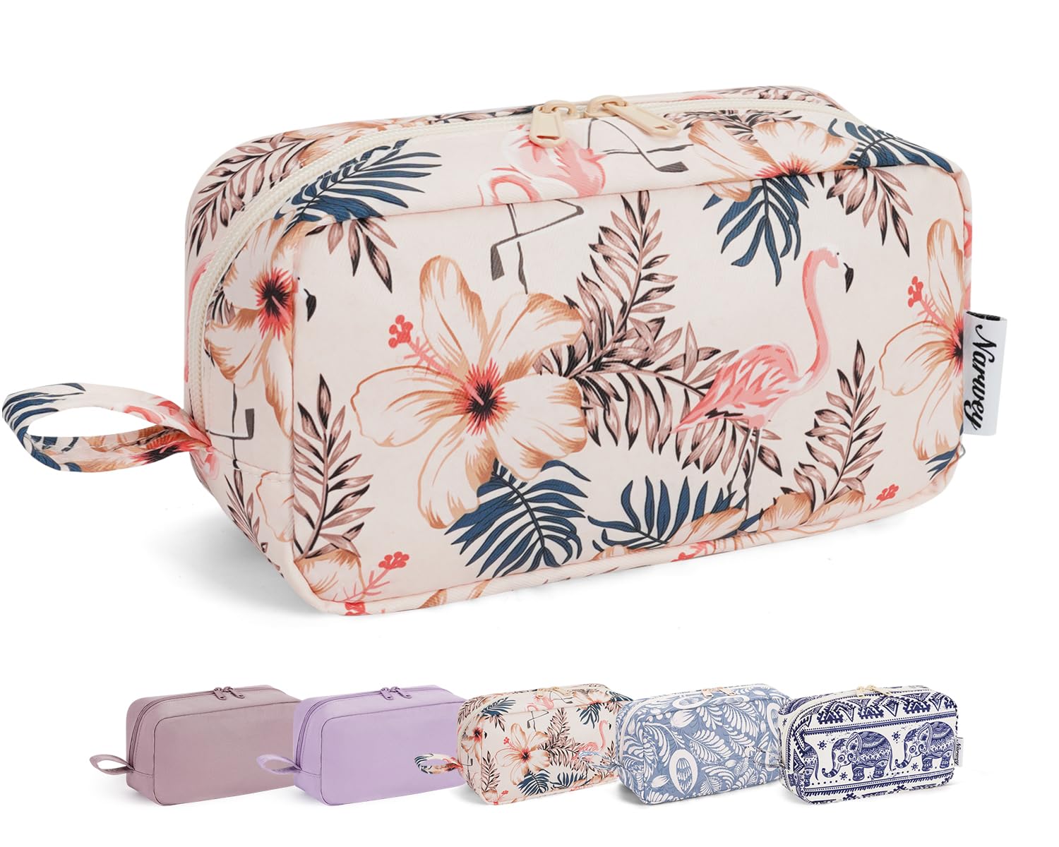 Small Toiletry Bag, Small Wash Bag, Cute Makeup Bag, Make up Bag with Organized Pockets, Travel Cosmetic Bag for Women (Beige Flamingo, Large)