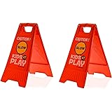 Essentially Yours 2 Pack Kids Playing Safety Floor Sign for Yards and Driveways (Double-Sided, Red) - Caution, Slow…