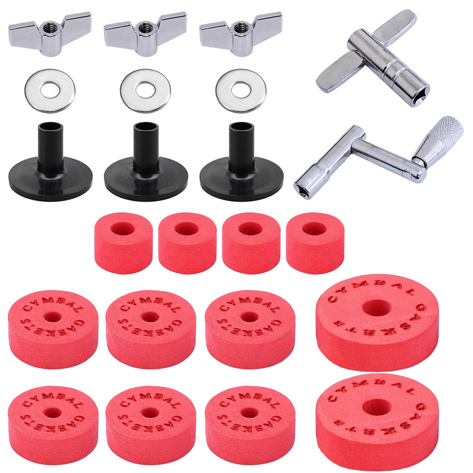 23Pcs Cymbal Replacement Accessories, Cymbal Stand Tubes, Drum Cymbal EVA Pads Include Wing Nuts, Washers, Cymbal Sleeves & Drum Key EVA Material (Red)