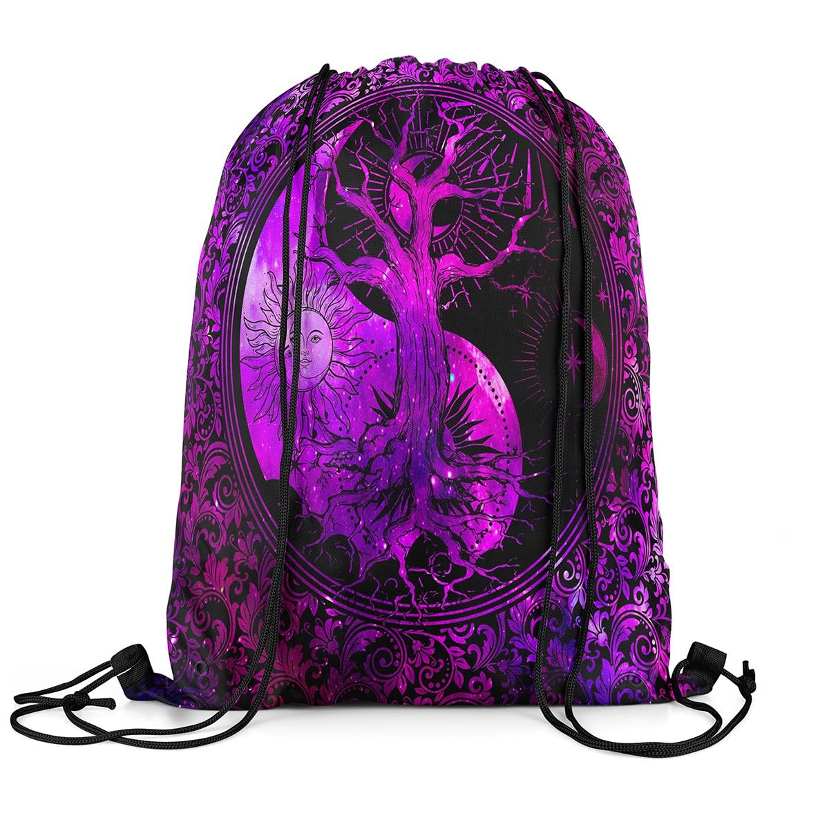 Loussiesd Sun Moon Drawstring Backpack 40x33cm for Bohemian Tree Drawstring Bags Purple Galaxy Sports Drawstring Sackpack Boho Exotic Waterproof Cinch Bag