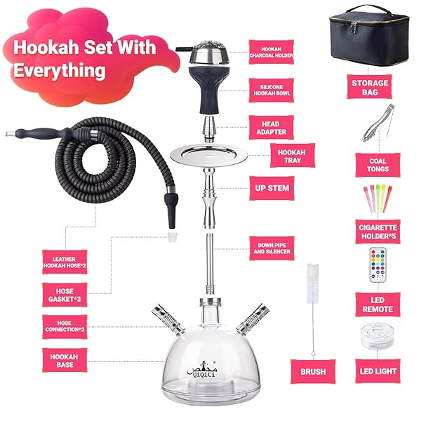 QIQICI MODERN 2 HOSE ACRYLIC BUBBLE HOOKAH – COMPLETE SHISHA HOOKAH SET, MAGICAL REMOTE LED LIGHTS, AND TRAVEL CASE FOR AN ENHANCED EXPERIENCE
