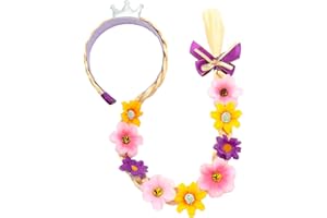 Rabtero Girls Halloween Costume Wig, Rapunzel Hair for Toddler Girls, Tangled Wig Braid Headband with Tiara and Colorful Flowers, Princess Dress Up Wig for Birthday