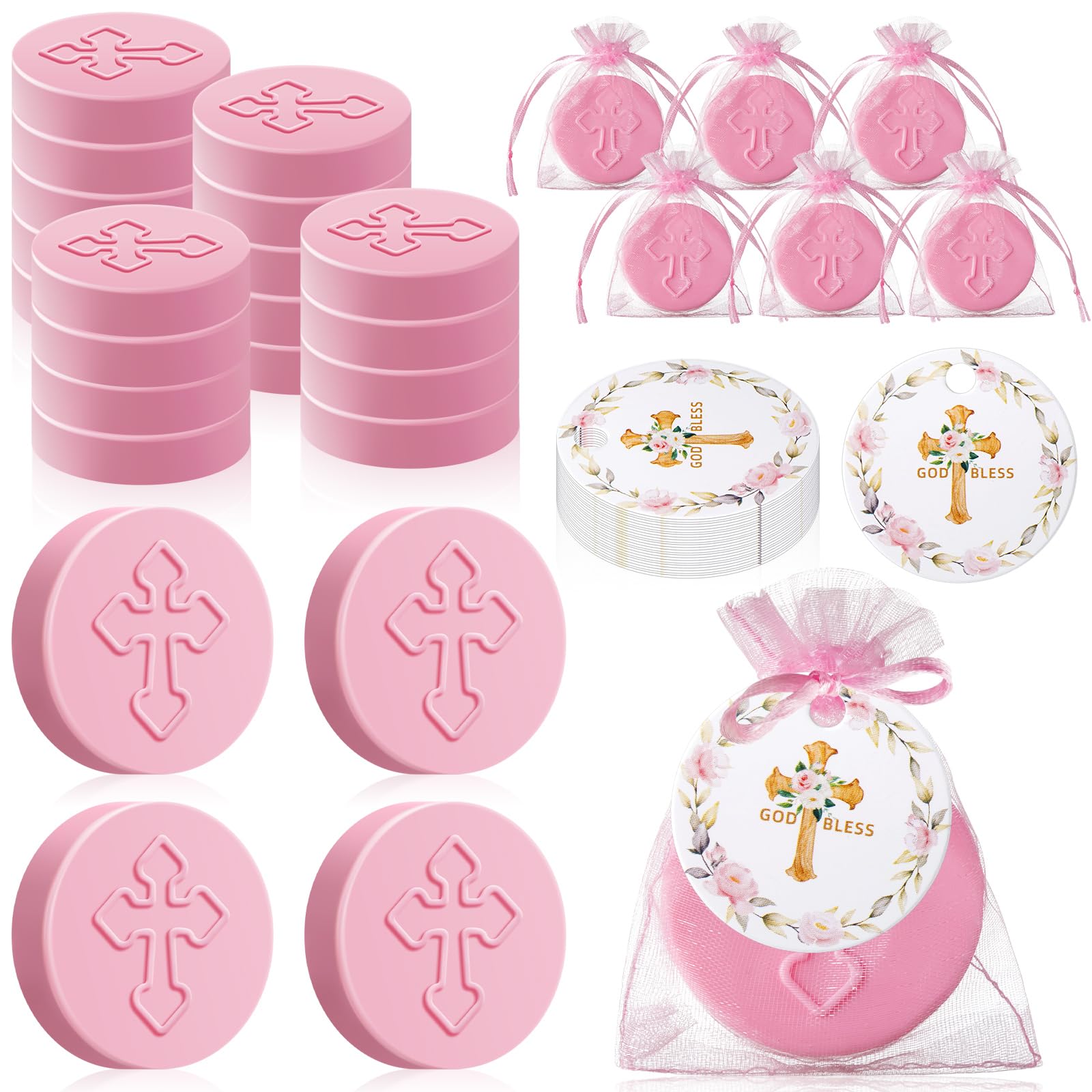Photo 1 of Heigble 24 Pcs Cross Soap Baptism Favors Set Baby Baptism Favor Scented Soap Favors for Baby Shower Christening Communion Wedding Bridal Party Guests Decoration (Pink)
