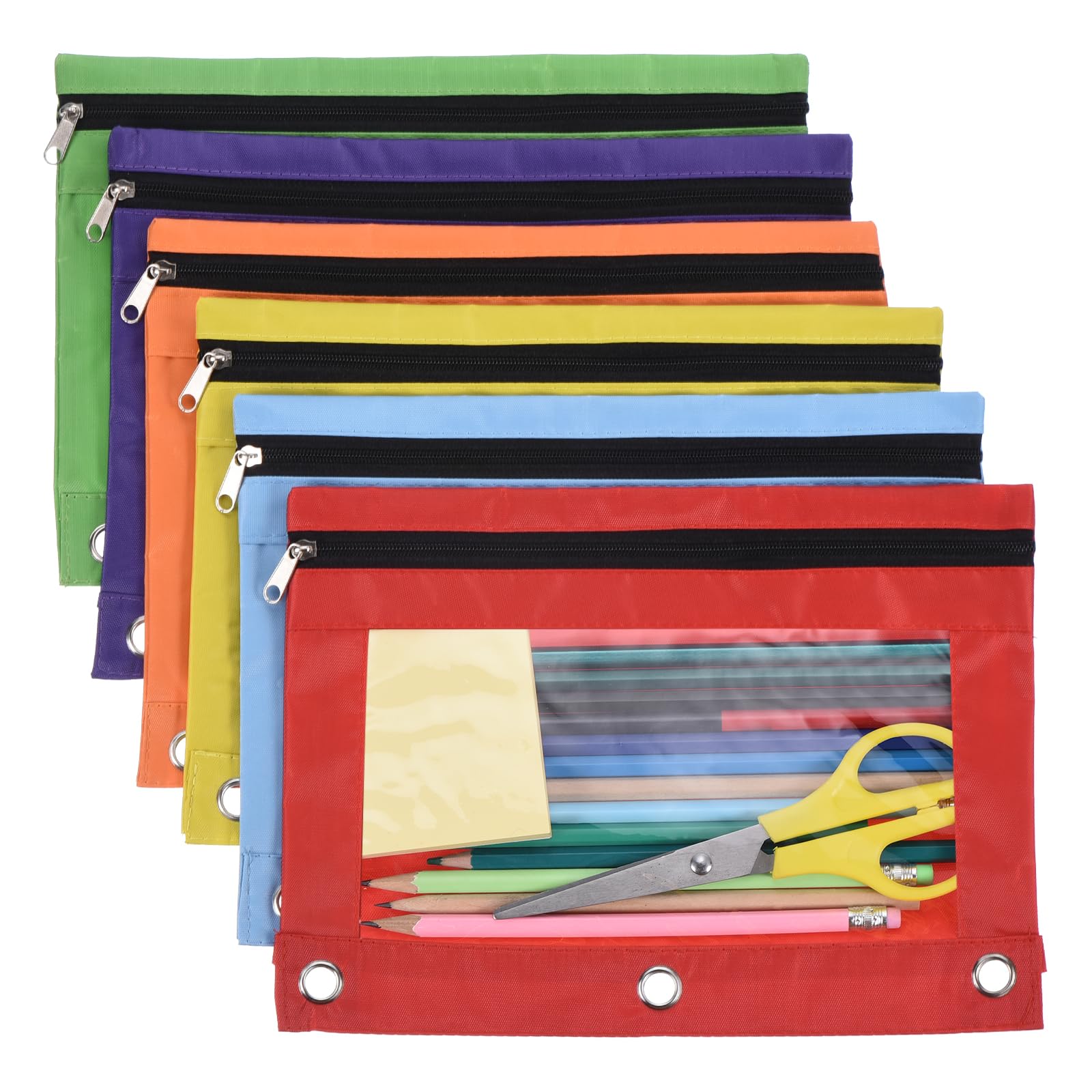 PATIKIL 6 Pack Pencil Pouch for 3 Rings Binder, Oxford Cloth Clear Window Zipper Binder Pouch Pencil Case Bag Bulk for Office, 6 Colors