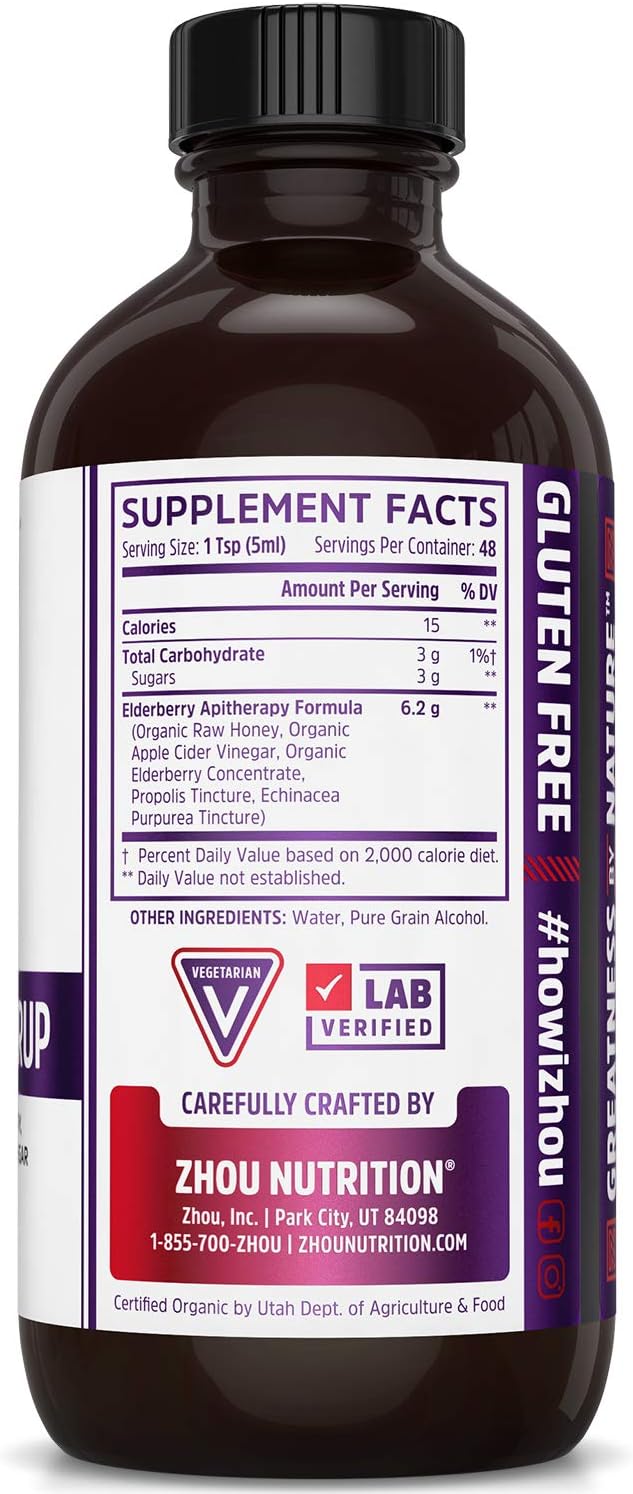 Zhou Nutrition Elderberry Syrup - Organic Sambus Black Elderberry, Raw Honey, Apple Cider Vinegar & Propolis - Immune System Booster During Cold Winter Months: Health & Personal Care