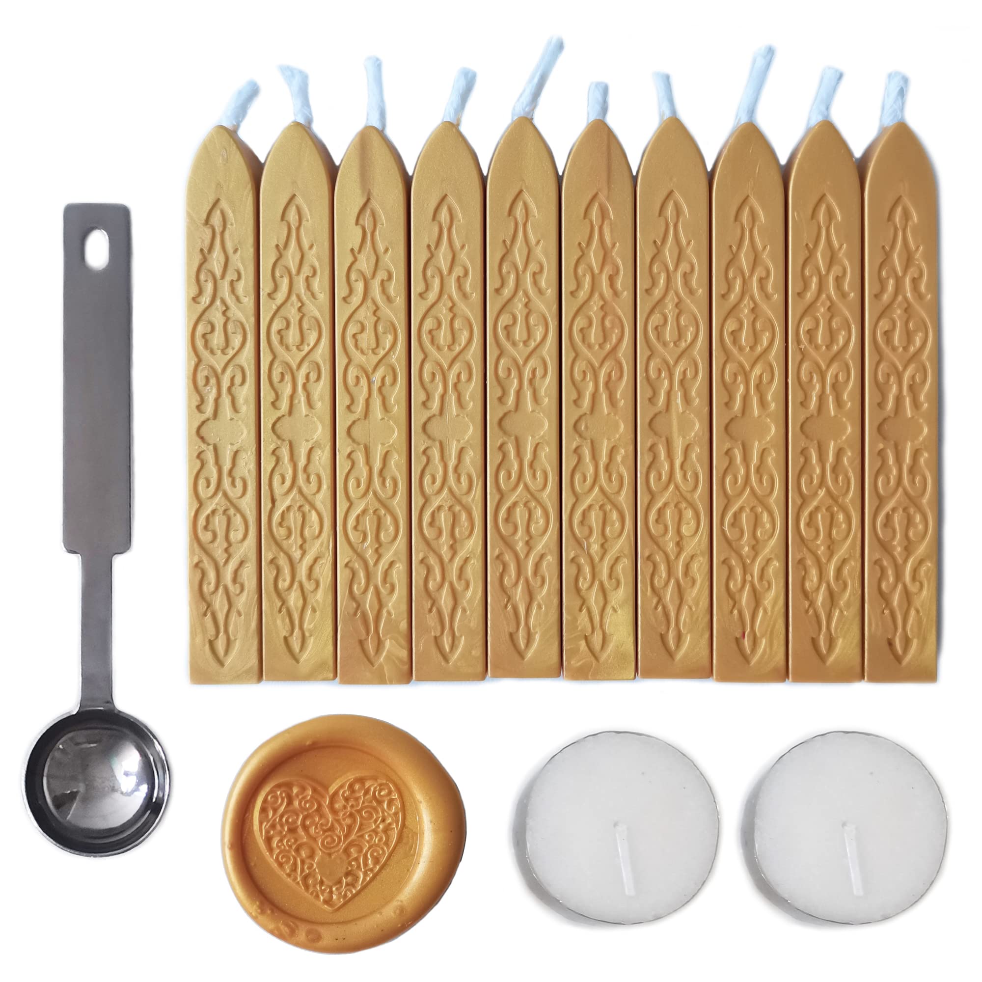 Sealing Wax Sticks with Wick, AMTOL 10 PCS Wax Seal Sticks with 2 Pcs White Candles and 1 Pcs Wax Melting Spoon, for Wedding Invitations,Cards Envelopes and Seal Stamp (Gold)