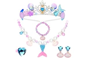 Araluky 6 Pcs Mermaid Crown Mermaid Necklace Bracelet Earrings Ring Set Jewelry Mermaid Jewelry the Little Mermaid Party Decorations Princess Party Dress Up