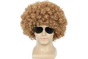 yuehong Short Golden Fluffy Disco Afro Wig Synthetic Cosply Wig for Unisex Hallowen Party（Golden）