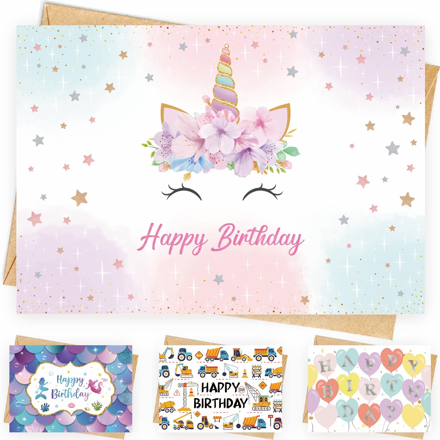 Photo 1 of 24 Pack, 350GSM | Unique Birthday Cards with Envelopes and Stickers | Happy Birthday Greeting Cards for Kids, Girls, and Boys | Bday Gifts & Decorations for 3, 4, 5, 6, 7, 8, 9, and 10 Year Old