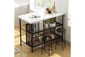Lamerge 3 Piece Bar Table and Chairs Set, Industrial Bar Table Set with Storage Shelves,Marble Counter Height Table with 2 Bar Stools,Modern Pub Table Dining Room Table Set for Kitchen,White