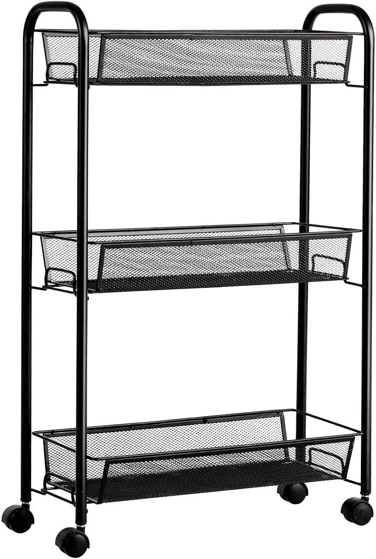 Giantex 3-Tier Mesh Rolling Cart on Wheels, Utility Cart, Mobile Organizer Multifunctional Storage Cart with 3 Wire Baskets for Home and Office (Black)