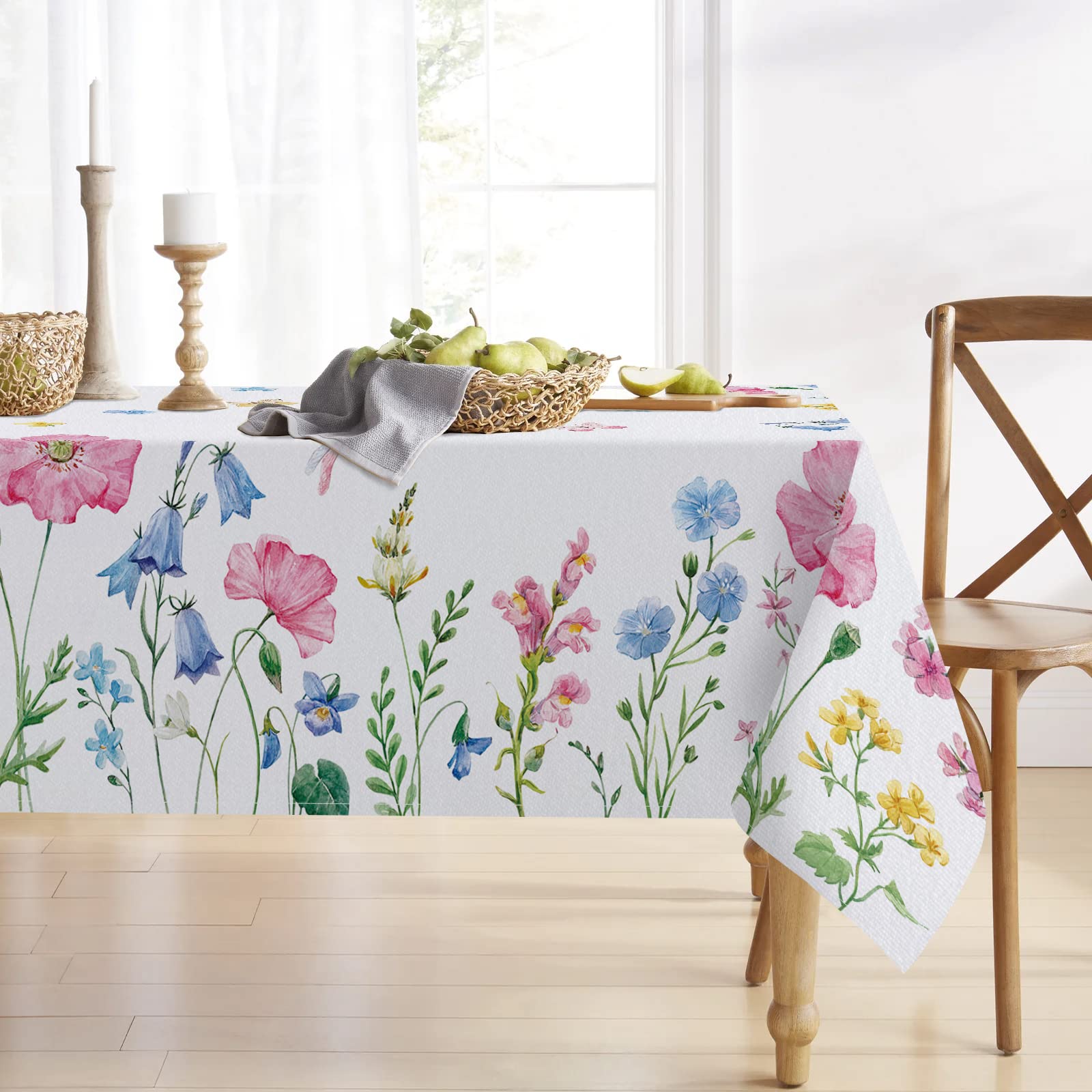 Photo 1 of Tailus Spring Summer Floral Flowers Rectangle Tablecloth 60 x 120 Inch, Poppy Bellflower Bloom Decorative Table Cloth Wildflower Dining Table Cover, Butterfly Seasonal Dinner Party Picnic Decoration