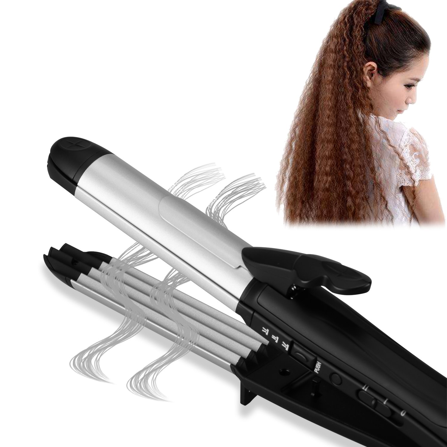 FOSTO Hair Straightener and Curler, 3 in1 Ceramic Hair Curling Iron & Hair Straighteners & Hair Crimper Dual Voltage Flat Iron Instant Heat Curling Iron Wand 1.25inch Hair Styling salon Power Cord