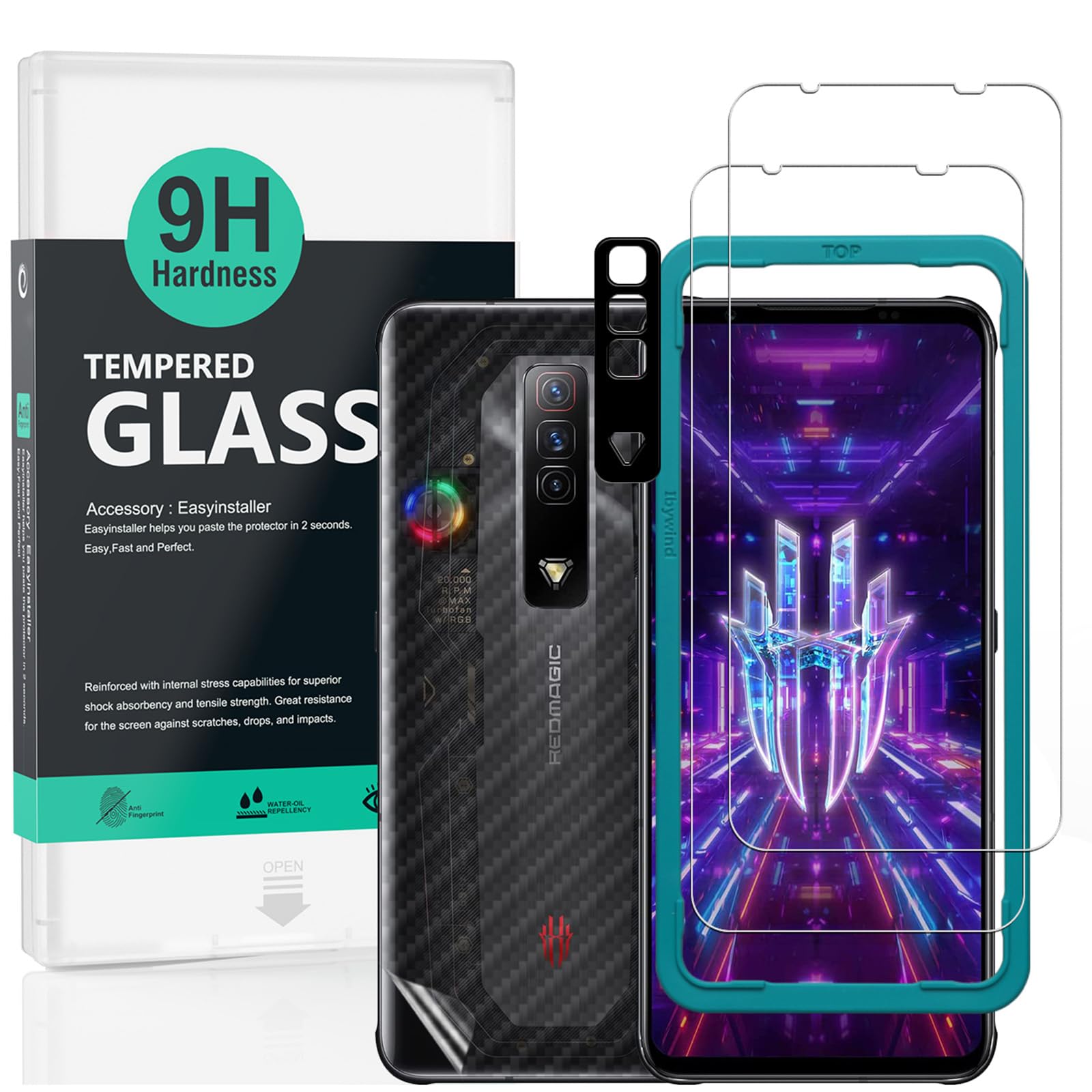 Ibywind Screen Protector (2 Pack) For ZTE nubia Red Magic 7 5G,9H Hardness Tempered Glass,With 1Pc Metal Camera Lens Protector,1Pc Back Protector,Easy to Install
