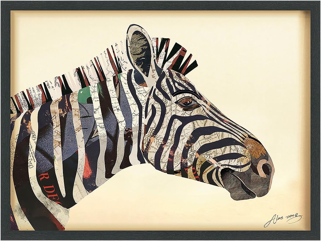 Paintings - Empire Art Direct Zebra Dimensional Collage Handmade by Alex Zeng Framed Graphic Wall Art Ready to Hang, 25