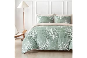 Lekesky Green Duvet Cover King Size, Reversible Floral King Comforter Cover with Branch Pattern, Soft 100% Washed Microfiber 3 Pieces Green Bedding Set with Zipper and 2 Pillowcases 20"x36"