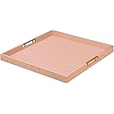 24x24 Inches Extra Large Champagne Faux Leather Wrapped Wood Ottoman Tray with Golden Handles for Serving Food Breakfast On Bed, Square Coffee Table Organizer, Home Decor and Decorative