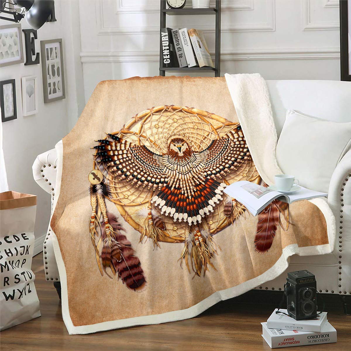 Eagle Dreamcatcher Fleece Throw Blanket Bird Feather Plush Blanket for Sofa Bed Room Indian Native American Vintage Lightweight Double 60x79 Inch