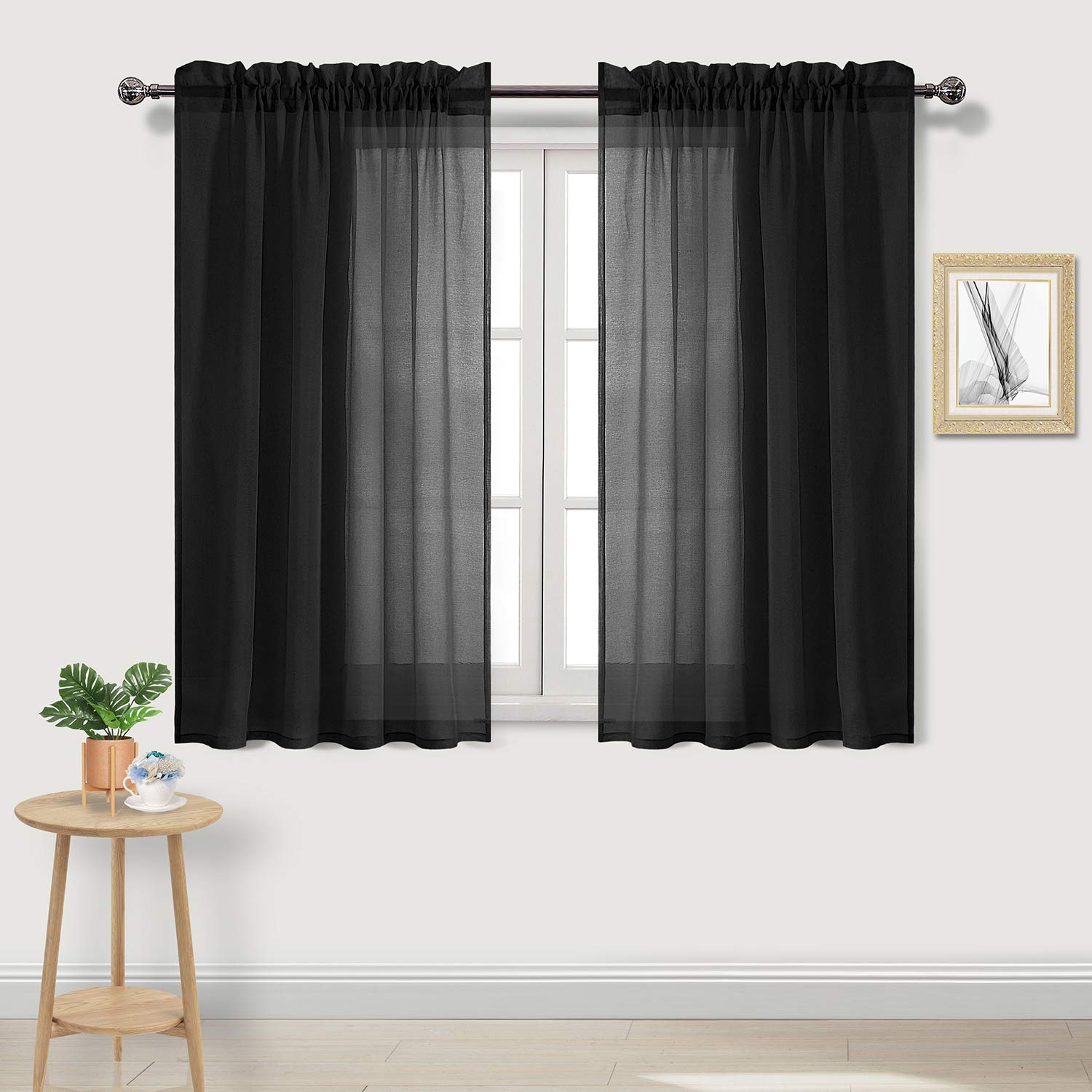 DWCN Black Sheer Curtains Semi Transparent Voile Rod Pocket Curtains for Bedroom and Living Room, 52 x 54 inches Long, Set of 2 Panels
