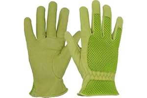 HANDLANDY Leather Gardening Gloves for Women, 3D Mesh Comfort Fit- Improves Dexterity and Breathability, Pigskin Scratch Resistance Garden Yard Working Gloves (Medium, Green)