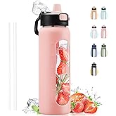 Kodrine Water Bottle With Straw and Carry Handle, Glass Water Bottle 24 oz Leak Proof Locking Lid with Soft Silicone Spout, Reusable Drinking Cups for Travel Sports with Time Marker,Pink