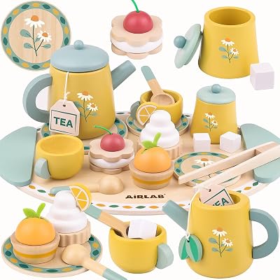 Airlab Wooden Large Tea Set for Toddlers Daisy Design Safe Play Food