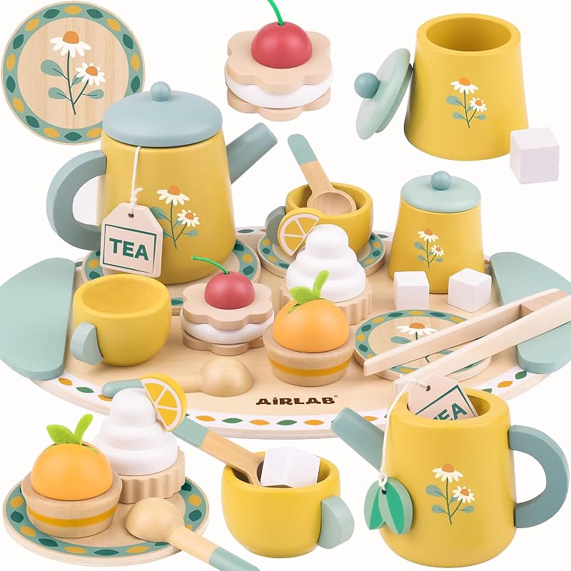 Airlab Wooden Large Tea Set for Toddlers Daisy Design Safe Play Food
