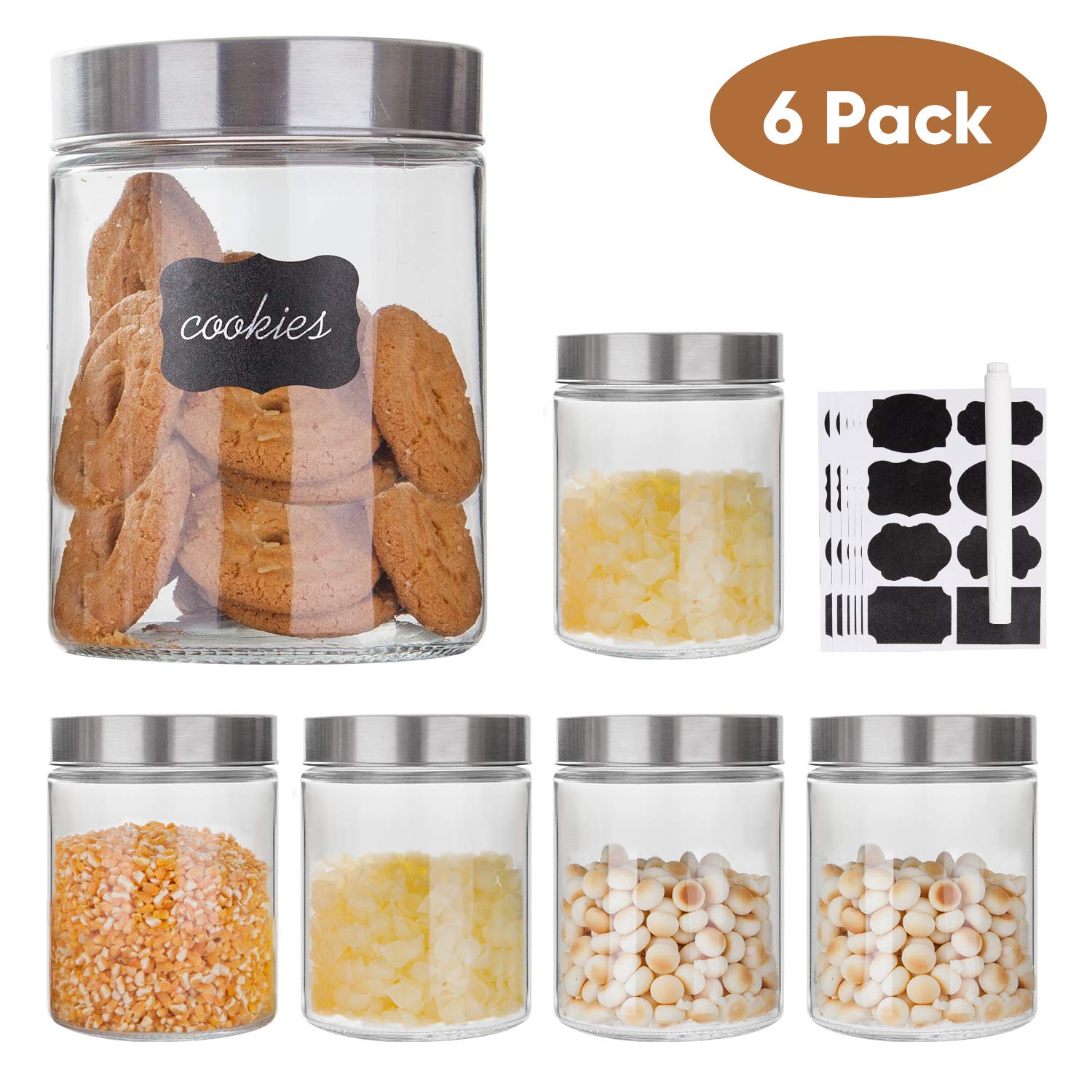 Glass Storage Jars with Stainless Steel Lids For The Kitchen,Set of 6,44 oz