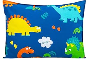 Toddler Pillow with 100% Organic Cotton Pillowcase 14x19, Cottonblue Kids Bedding Pillow for Sleeping, Machine Washable, Boys Pillow and Pillow Cover for Travel, Cot, Bed Set, Blue Dinosaur