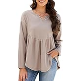 KateModa Women Waffle Knit Long Sleeve Shirt V Neck Babydoll Tunic Tops Fall Winter Casual Fashion Clothes