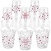 ZCPTZ 100Pcs Valentine’s Day Plastic Party Cups, 12oz Disposable Clear Cups Pink & Red Heart Happy Valentine’s Day Printed for Valentine Party, Wedding Romatic Party Drinking Supplies