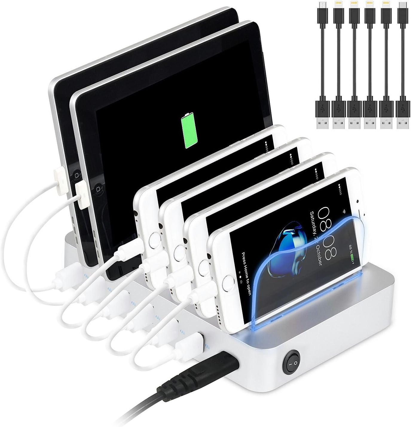 PRITEK Charging Station Dock & Organizer Compatible with Cellphone Tablet & Other Gadget 6-Port USB Charger Station & Docking Station with Charging Status Indicator include 6pcs cable (Silver)