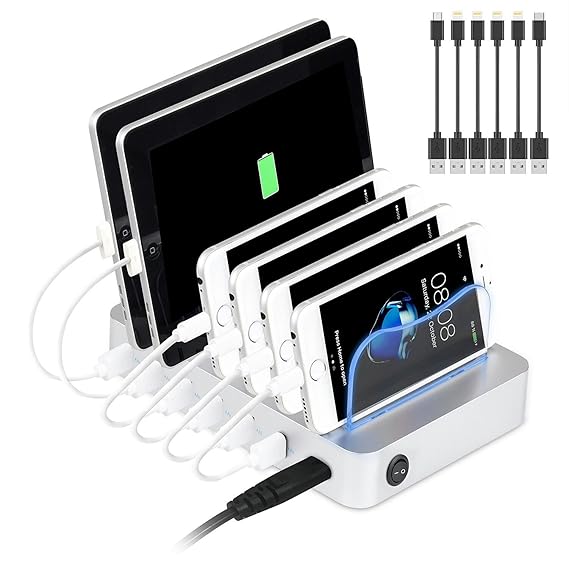 PRITEK USB Ladestation Smart Ladestation Dock & Organizer für Smartphones, Tablets und andere Geräte 6 Port Multi USB Ladesta
