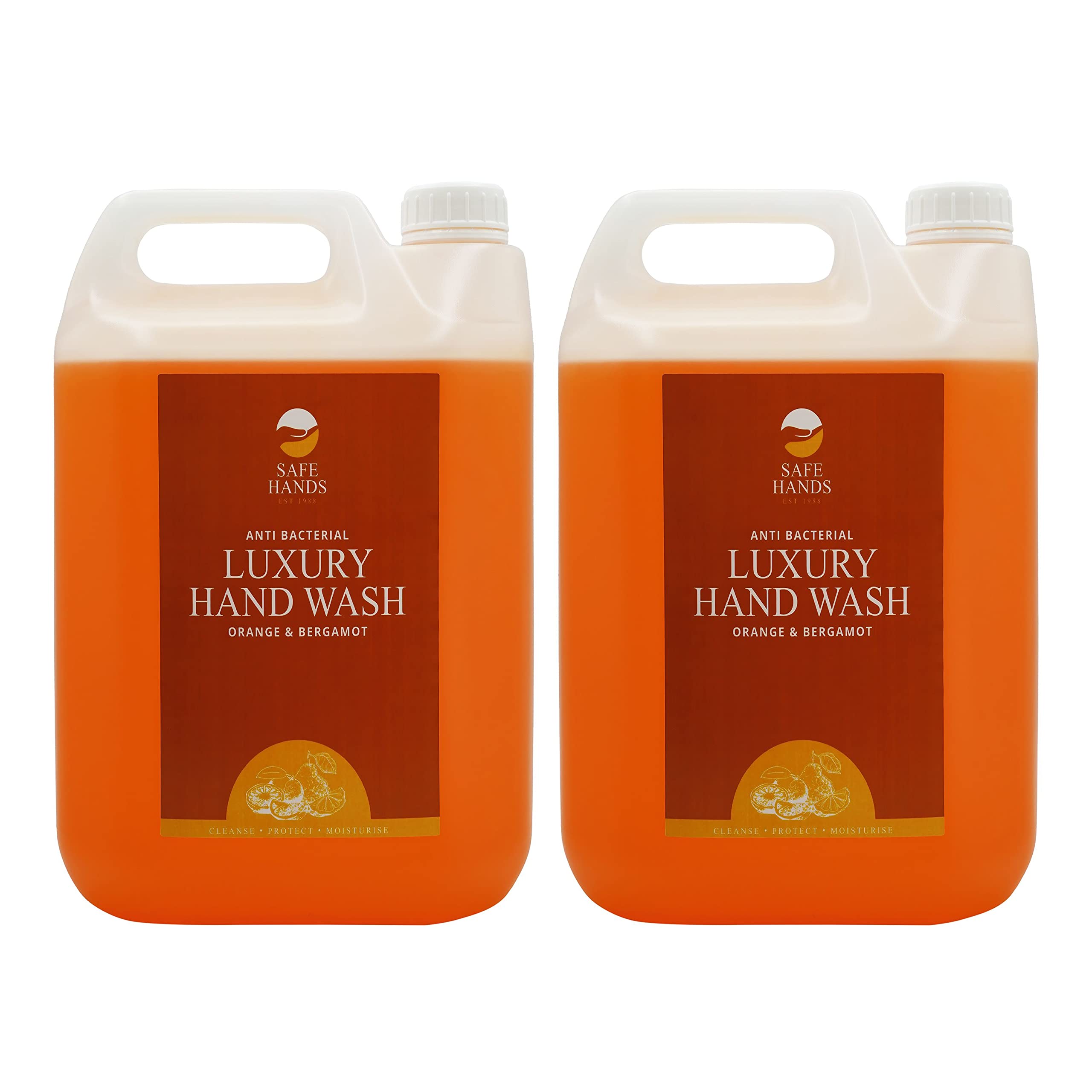 Safe Hands | Luxury Hand Wash | Orange & Bergamot | 2 x 5 Litre | Moisturising hand soap liquid | Anti Bac Hand Soap | Removes 99% of Bacteria | Kind to Skin