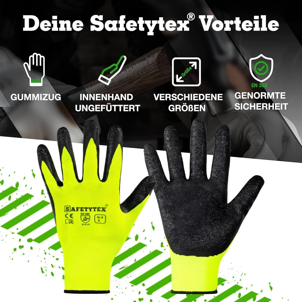 Safetytex 24 Paar Arbeitshandschuhe - Montagehandschuhe mit Latex Beschichtung - neongelbe Handschuhe - Schutzhandschuhe für Haus, Garten, Industrie und Handwerk - Größe 11 7