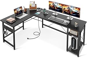 Coleshome L Shaped Computer Desk 66" with Power Outlet & Storage Shelves, Corner Sturdy Writing Desk Workstation, Modern Wooden Office Gaming Desk, Wood & Metal, Black