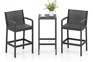 Tangkula 3 Pieces Patio Bar Set, Oudoor Curved Heavy Duty Bar Chairs and Square Table for 2, for Garden, Balcony, Poolside, Black