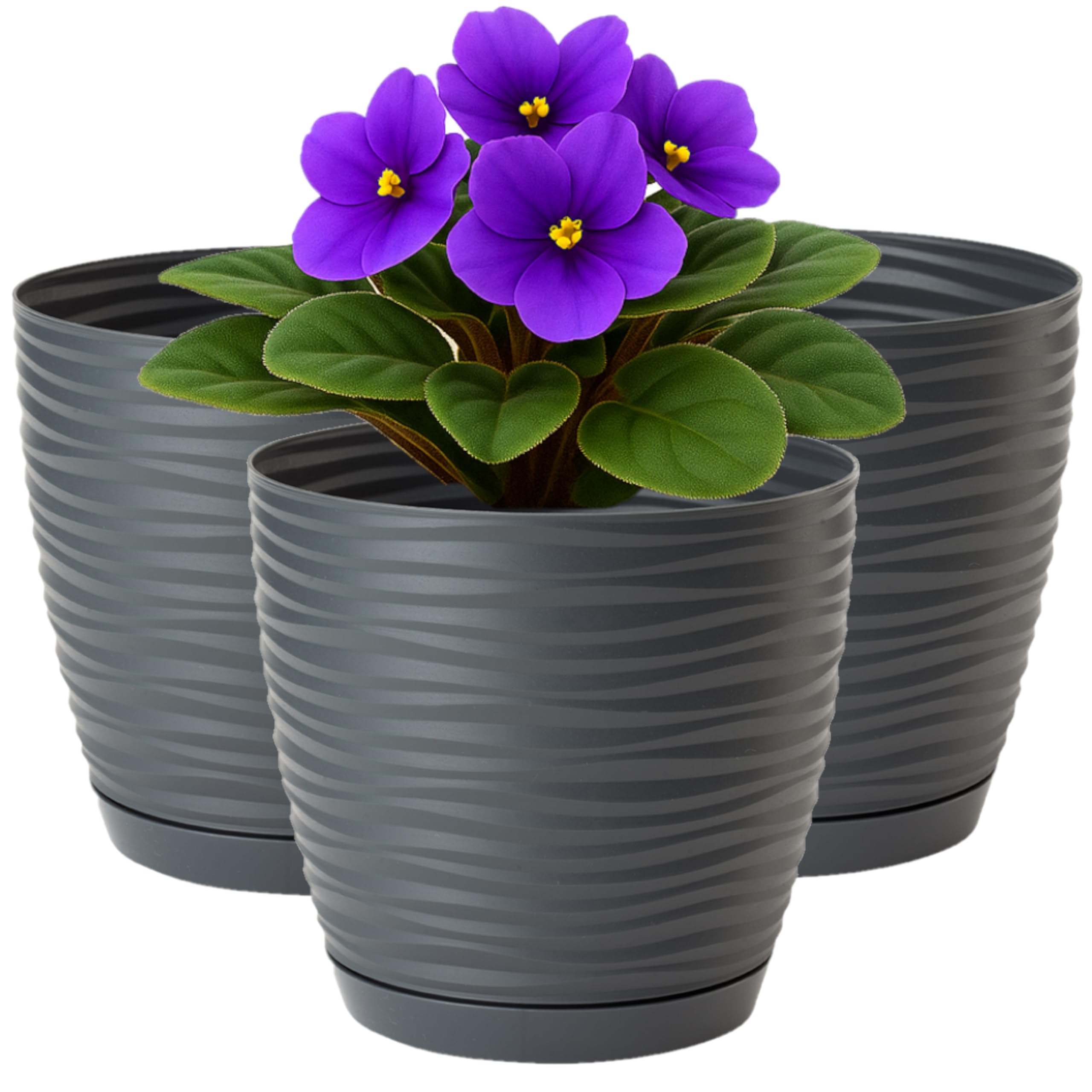 Home Garden Ornaments Wave Plant Pots Indoor, Set of 3 Indoor Plant Pot with 3D Effect, Drainage Holes, and Integrated Saucer, Plastic Flower Pots (Diameter: 11cm, Colour: Anthracite)