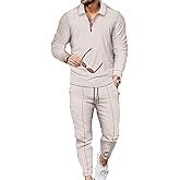 Kubsid Mens Tracksuit Set 2 Piece Long Sleeve Polo Shirt and Pants Jogging Sweatsuits Sets Casual Fashion Vacation Outfits Loungewear Beige Size 2XL